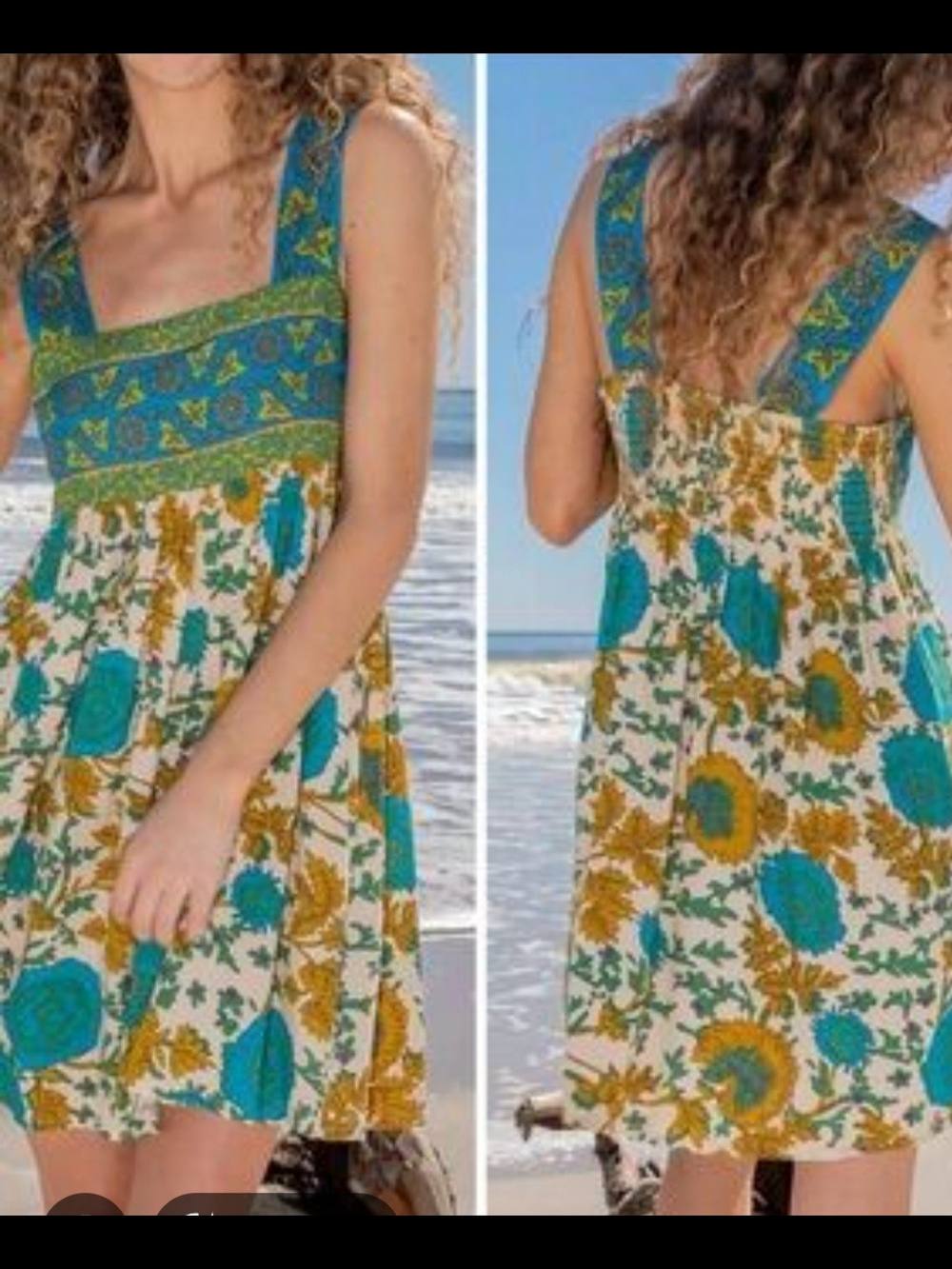 NATURAL LIFE Teal & Mustard Floral Square-Neck Mini Dress